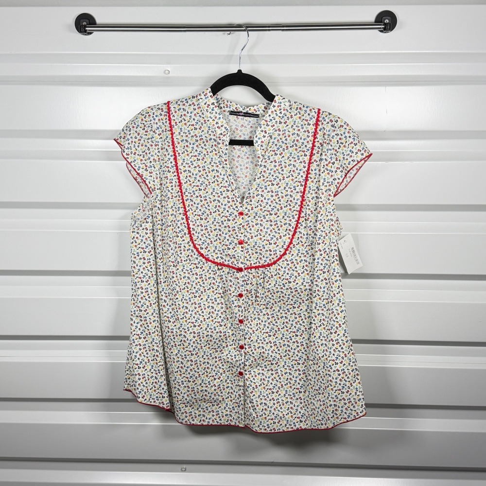Love‎ Squared Blouse Womens 1X White Floral Ric Rac Trim Button Front Cap Sleeve